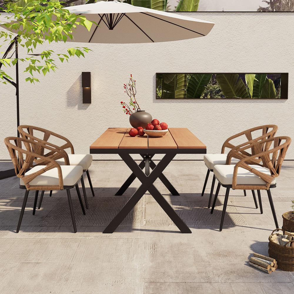 Contemporary Outdoor Set with PE Rattan Chairs and Plastic Wood Table, pool furniture ,backyard porch Suitable for Gardens and Lawn