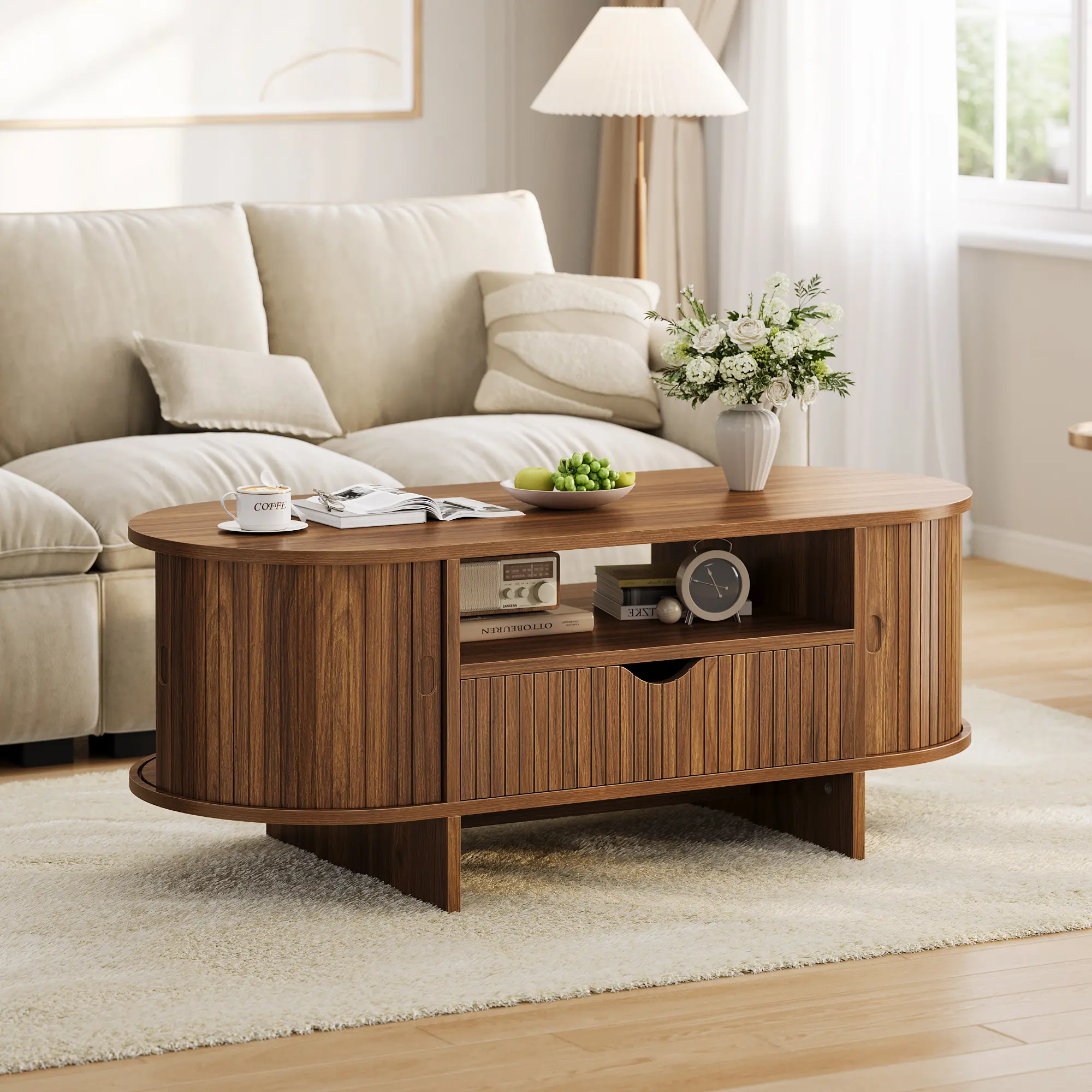 47.2" Fluted Mid-Century Oval Coffee Table with Storage – Double-Sided Drawer & Sliding Cabinet for Living Room