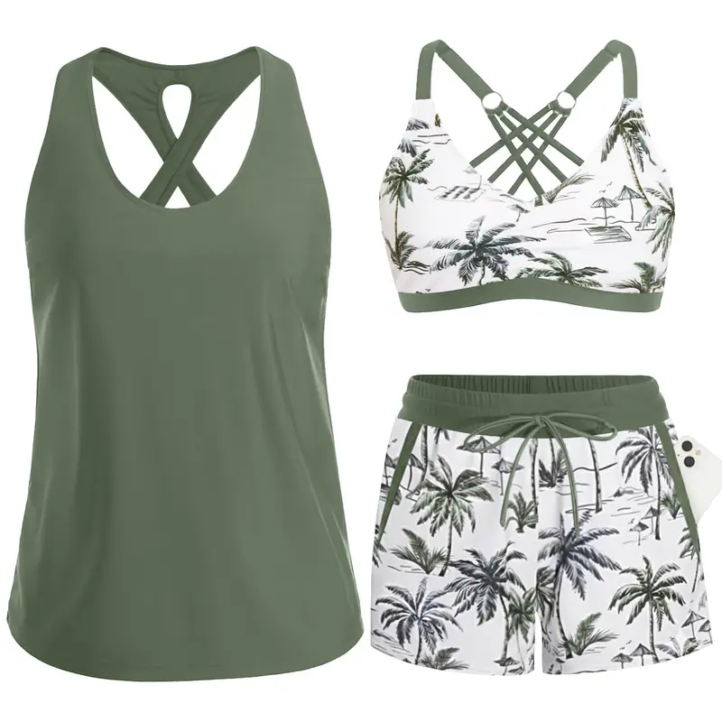 Aqua Eve Three Piece Tankini with Shorts - Sporty Swimsuit with Boyshorts Athletic Bathing Suit with Pockets 2026 Modest Swimwear