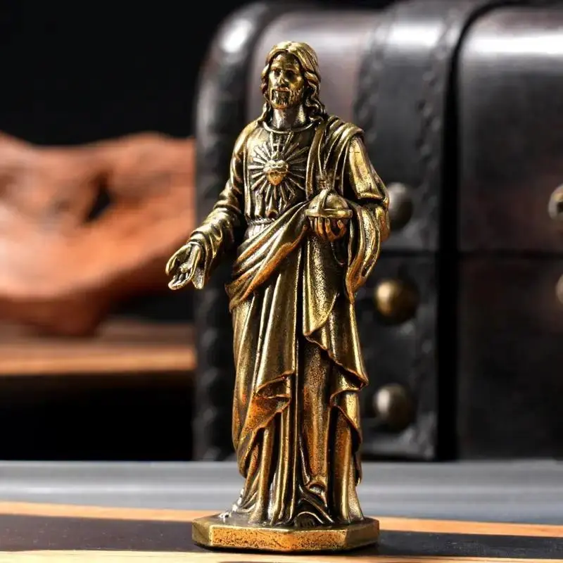 Handmade Jesus Christ Statue, Solid Brass Religious Decoration with Sacred Heart, Religious Ornaments, Spiritual Decor, Ornate Religious Decor, No Power Needed, Ideal for Home Church Office Gifts