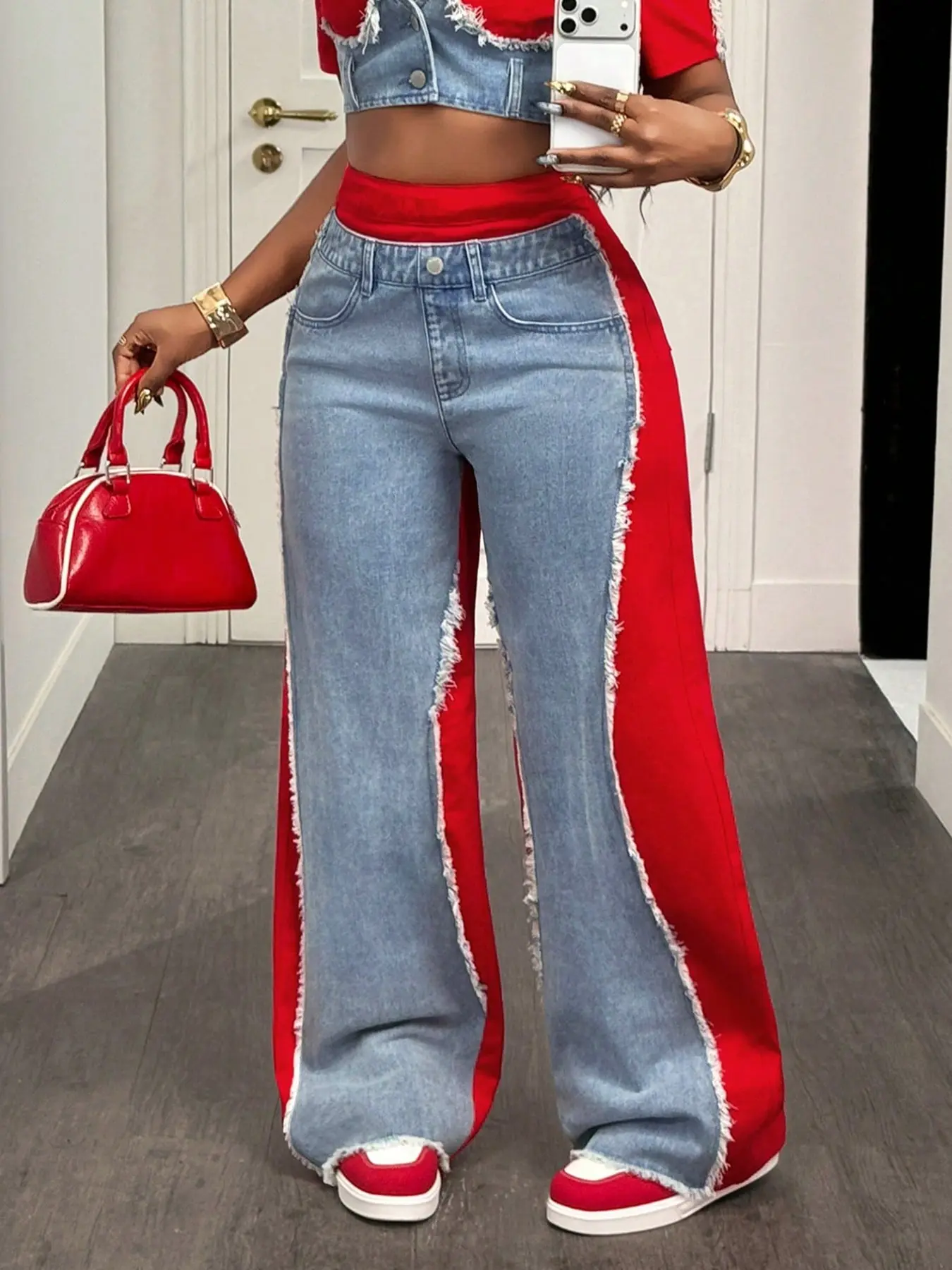 Women's High-Waisted Colorblock Side Wide Leg Jeans, Frayed Edge Patchwork Flare Denim Jeans, Stylish and Comfortable