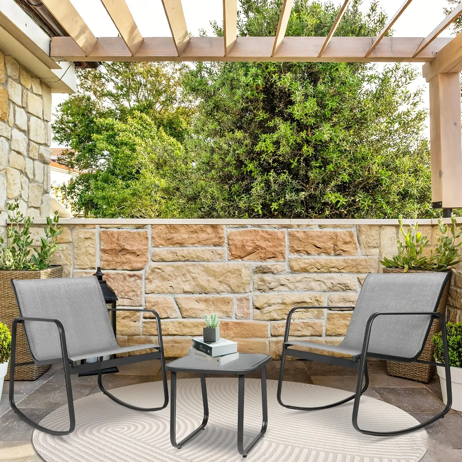 3pcs Outdoor Rocking Bistro Set, Furniture Set with Patio Rocking Chairs And Glass-Top Table, for Porch, Lawn, Garden, Yard, Balcony And Poolside