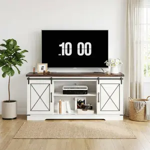 Garvee Farmhouse Style Entertainment Center with Sliding Barn Doors, Adjustable Shelf, and Storage Cabinets, Suitable for TVs Up to 65" – Modern White & Brown Media Console for Living Room or Bedroom