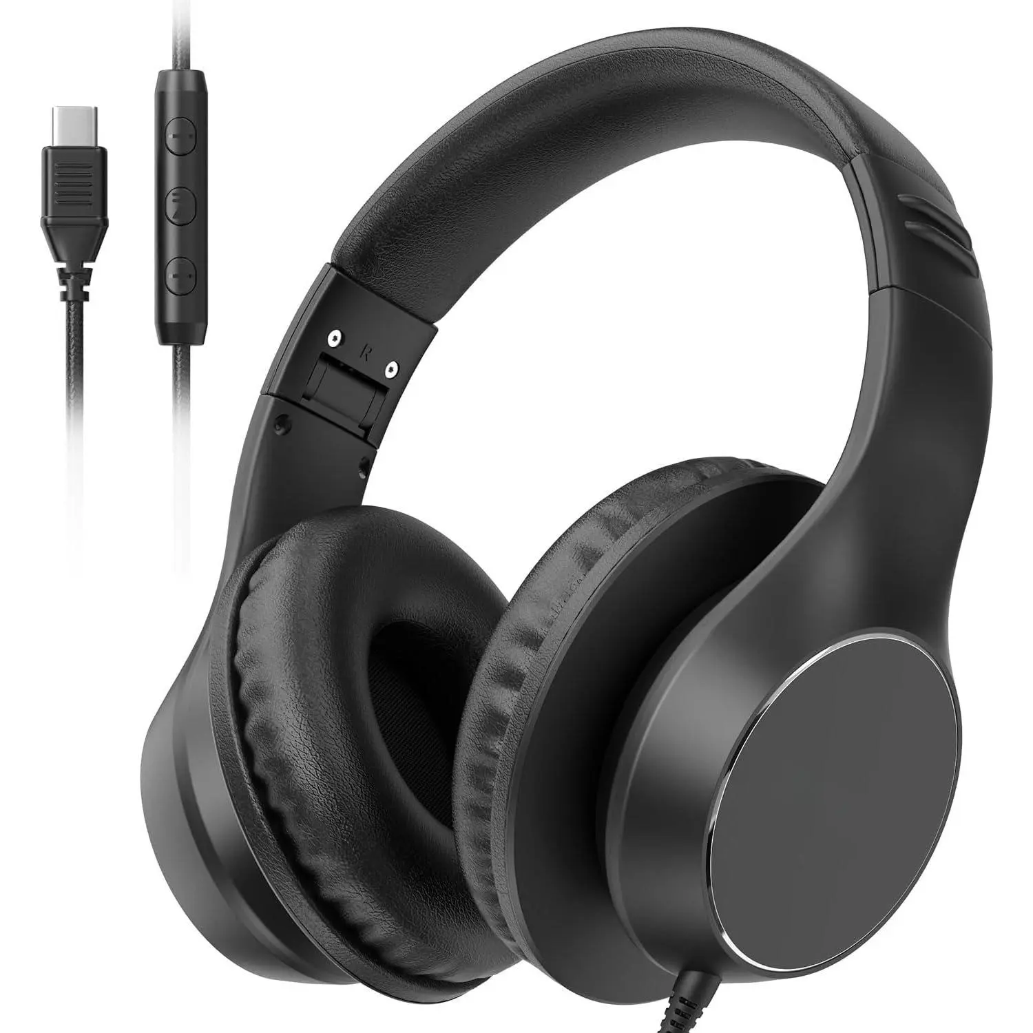 USB C Wired Over-Ear Headphones, Corded Stereo Headsets with Microphone, Volume Control, Comfortable Fit Foldable Headphone for  15/16/17, , Laptop, Tablets, Travel(Black)