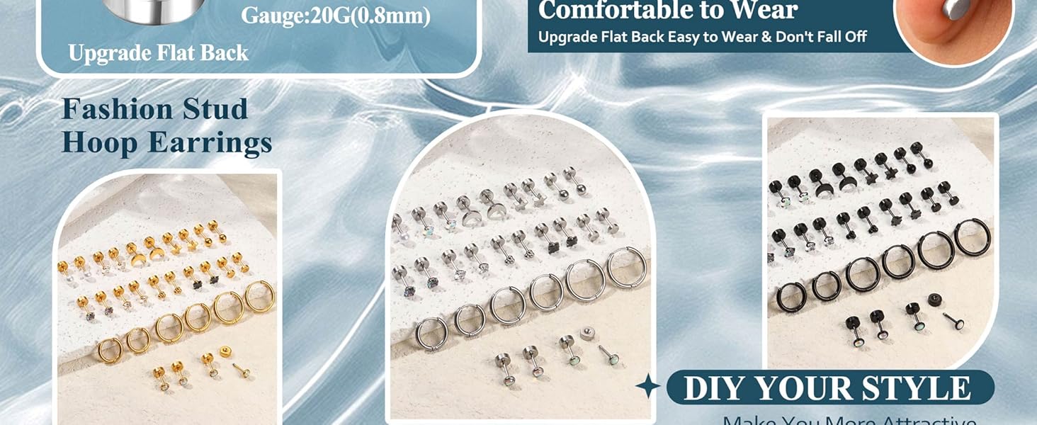 Jstyle Hypoallergenic Flat Back Stud Earrings for Women Men Surgical Stainless Steel Earrings for Sensitive Ears Small Stud Hoop Silver Gold Black Earrings Cartilage Earring Set for Multiple Piercing