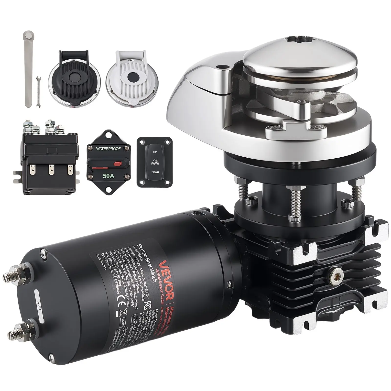 VEVOR Vertical Fishing Windlass, 12V DC 1100W, Windlass Anchor Systems Fit for 1/4-Inch Chain or 9/16 5/8 Inch Nylon Rope, Max Pull 700 lbs, 316 Stainless Steel Construction, for Boats 20-36 ft, Boating