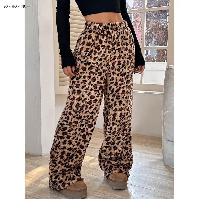 Unisex Leopard Print Fleece Sweatpants, Ultra Soft Rabbit Fur Lined Thermal Bottoms, Loose Hip Hop Streetwear Trousers, Thick Warm Cozy Pants for Fall Winter Daily Outdoor Casual Outfits,wearable,tech,accessory