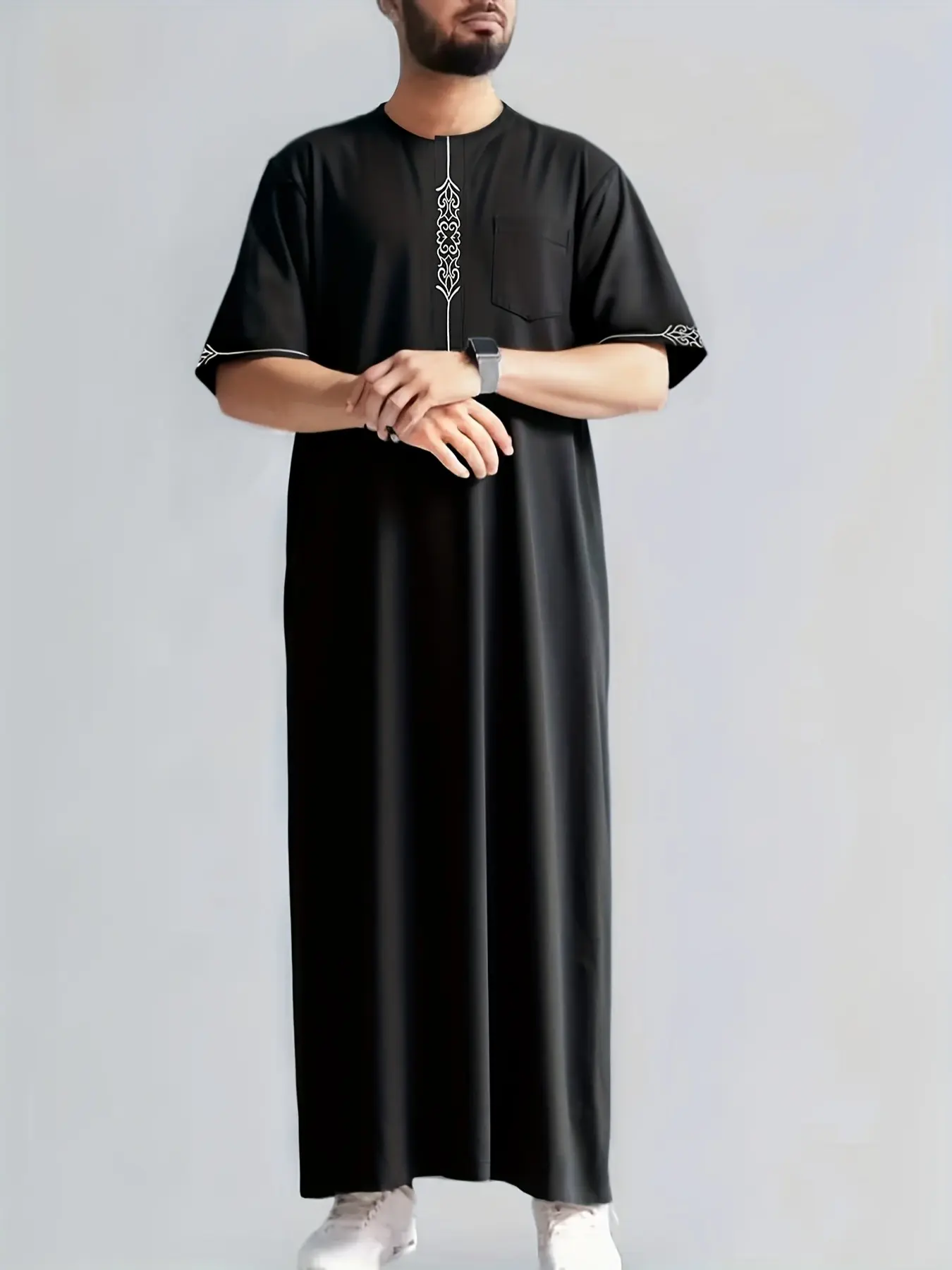 Men's Middle Eastern Arab Robe, Minimalist Business Style, Stand Collar, Colorful Stripes, Short Sleeve, Chest Pocket, Loose Fit, Muslim Daily Wear