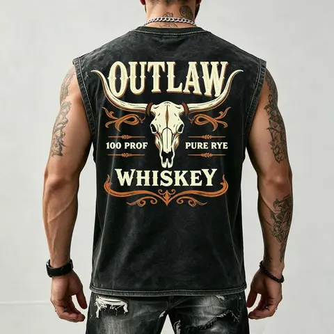 Men's Western Skull Tank Top, Vintage Biker Style Sleeveless Shirt, Cowboy Graphic Casual Streetwear