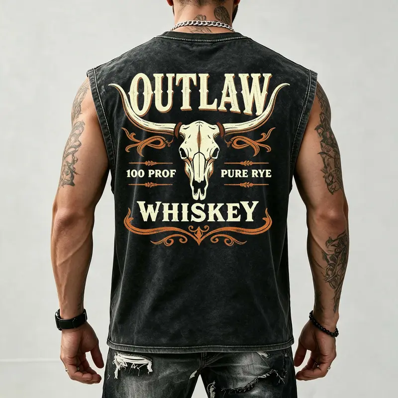 Men's Western Skull Tank Top, Vintage Biker Style Sleeveless Shirt, Cowboy Graphic Casual Streetwear