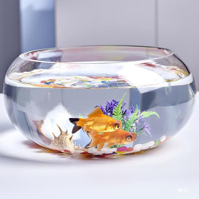 Creative Round Transparent Glass Aquarium Tank - Hydroponics Compact 20*10cm, Easy Access for Fish, Home Decor for Office Desks, Options: 20 Drum Cylinders+6-Piece Colored Stones Set, 30 Drum Cylinders+Colored Stones+Fish Food Set, Turtle