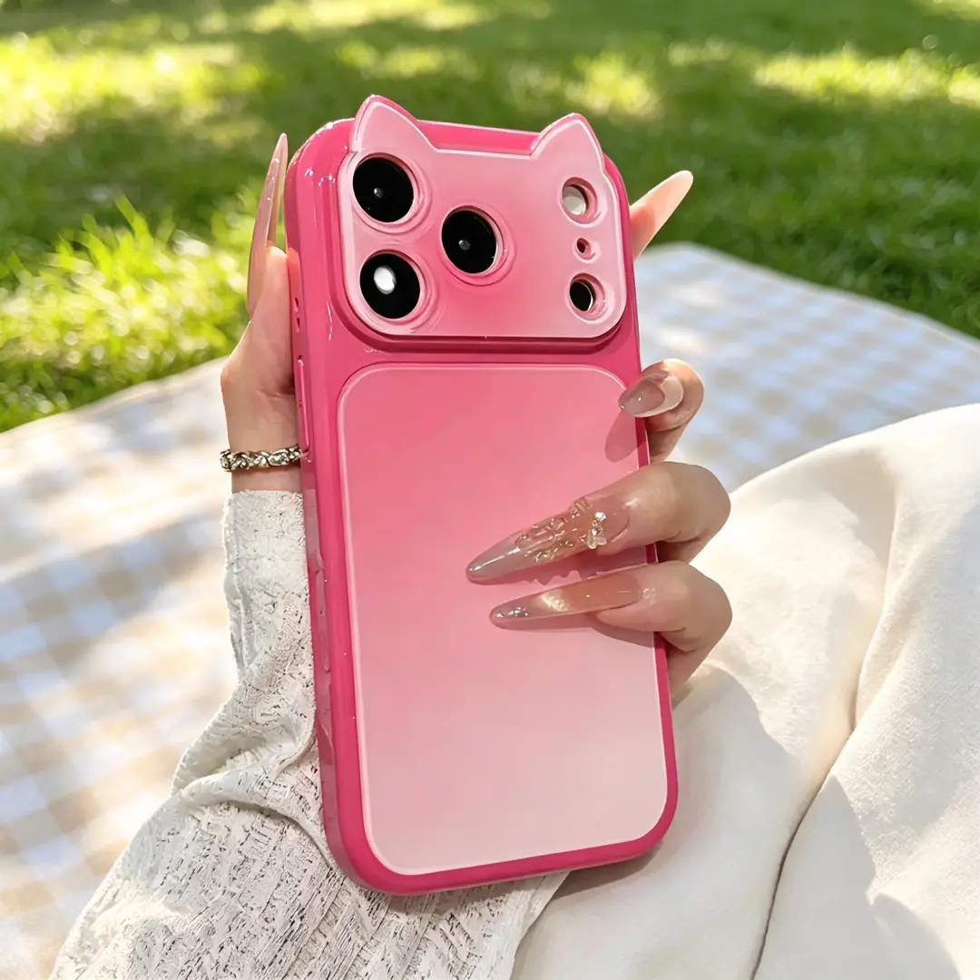 [Flash Fit] Color-Blocking Gradient 3D Cat Ear Cellphone Cover Casing for iPhone 17 Pro Max, 16 Pro, 15, 14, 13 - Full Protection, Anti-Drop Mobile Device Accessories