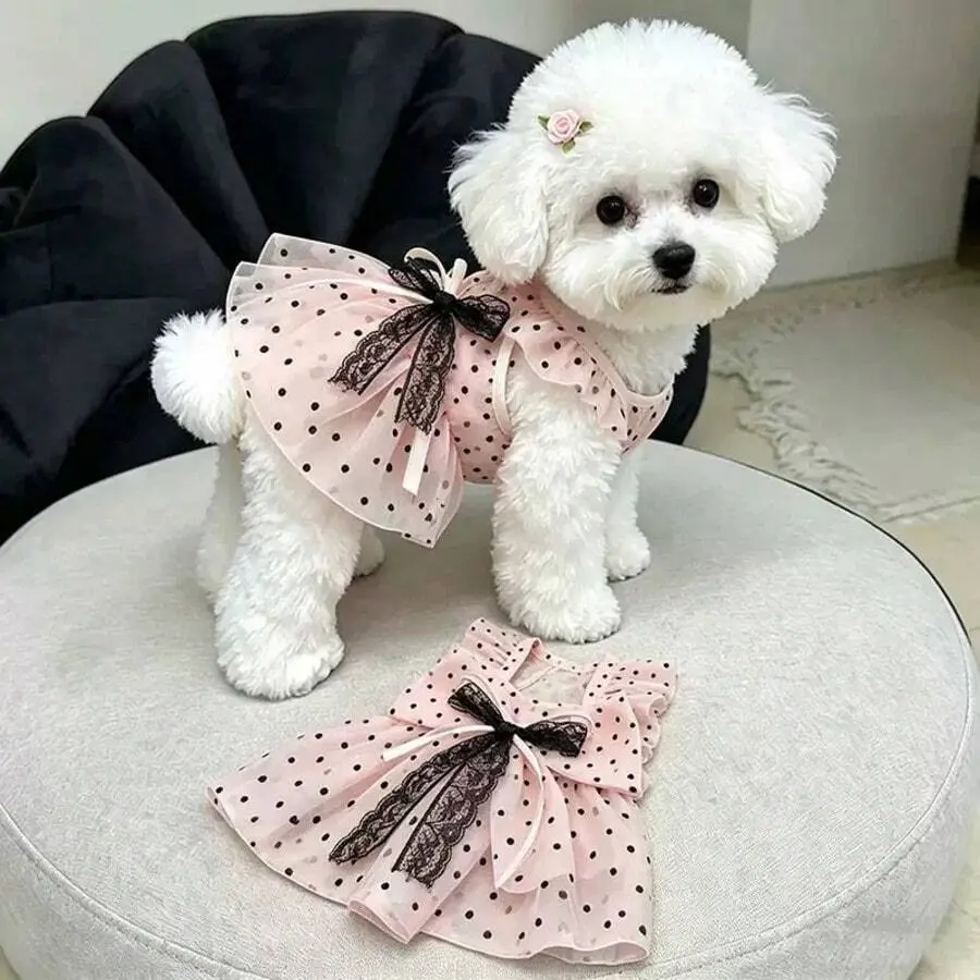 Pet Tutu Dress - Polka Dot Lace Polyester Tulle Design with Bow Detail, Lightweight Summer Princess Look Outfit for Dogs and Cats