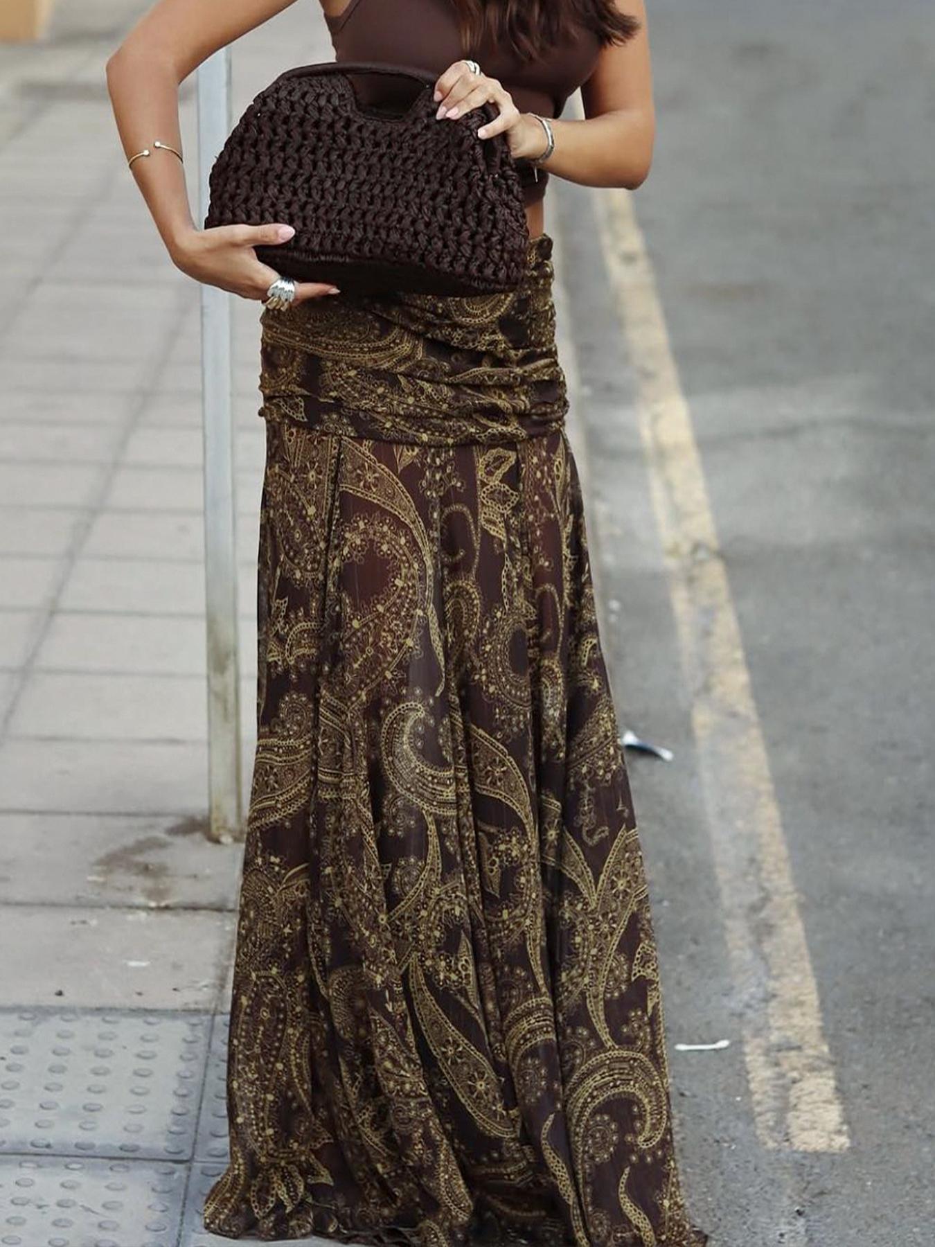 Vintage Mesh Print Fitted Long Maxi Skirt, Bohemian Vacation Style Half Skirt, Elegant Women's Fashion for Spring & Summer, Bottoms