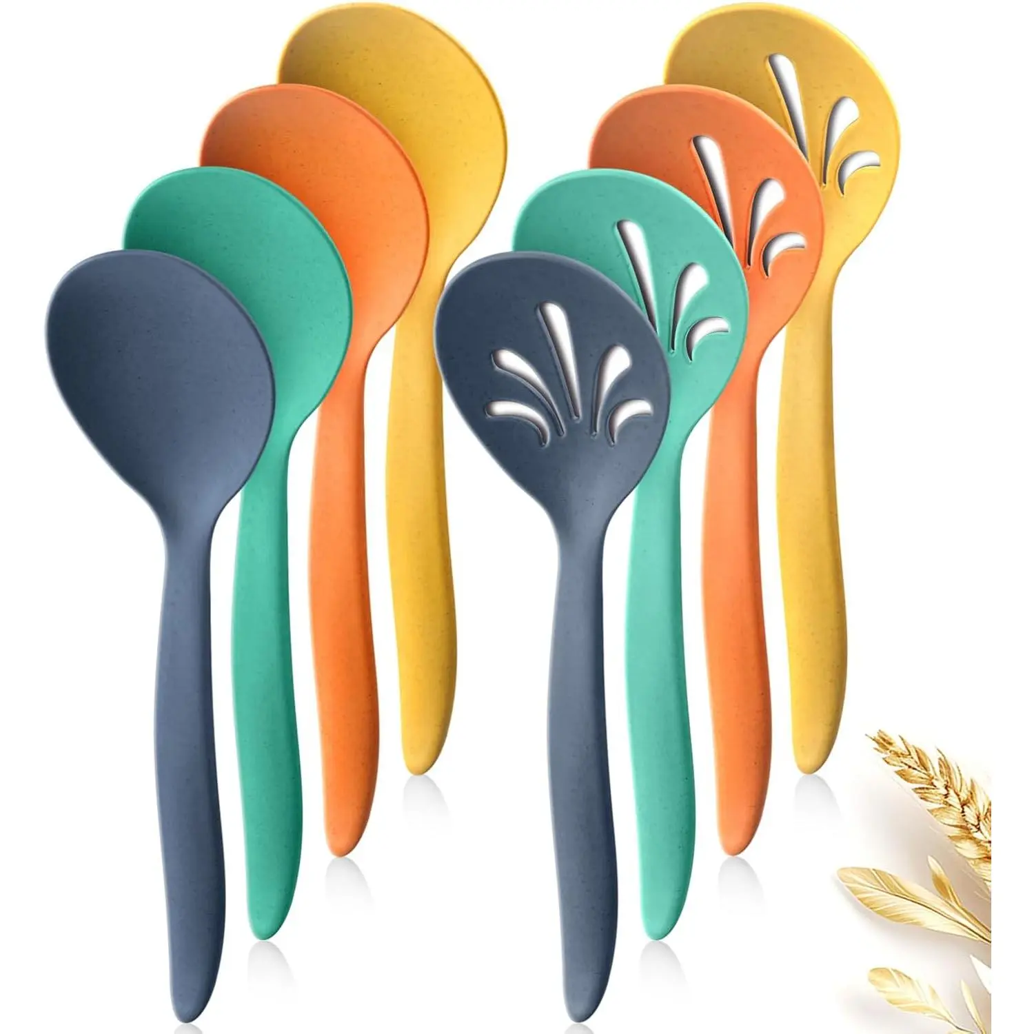 8 Pcs 10" Large Plastic Wheat Straw Serving Spoons Set, Serving Spoons & Slotted Spoons, Kitchen Mixing Serving Spoon for Party Buffet Catering (Orange/Blue/Yellow/Green, Not for Cooking)
