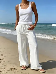 Women's Solid Color Straight Leg Loose Fit Pants, Elastic Waist Drawstring with Pockets, Casual Comfortable Bottoms for Everyday Wear