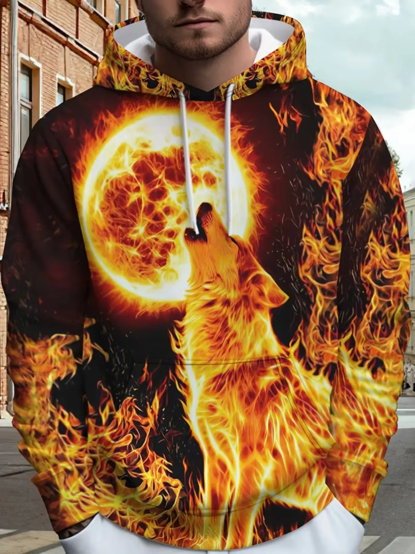 Men's 3D Long Sleeve Casual Graphic Print Hoodie, Flame Wolf Print, Fitted Pullover, Drawstring, Kangaroo Pocket, All Seasons, Fashion Gift