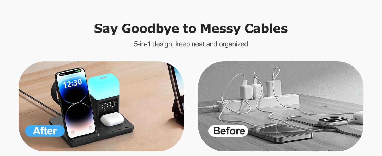 Wireless Charging Station Alarm Clock with 8 Touch Night Lights: 5 in 1 Charger Stand for Apple Devices - Charging Dock for iPhone 17 16 15 14 13 12 Pro Max Plus/Apple Watch/AirPods, Dimmable