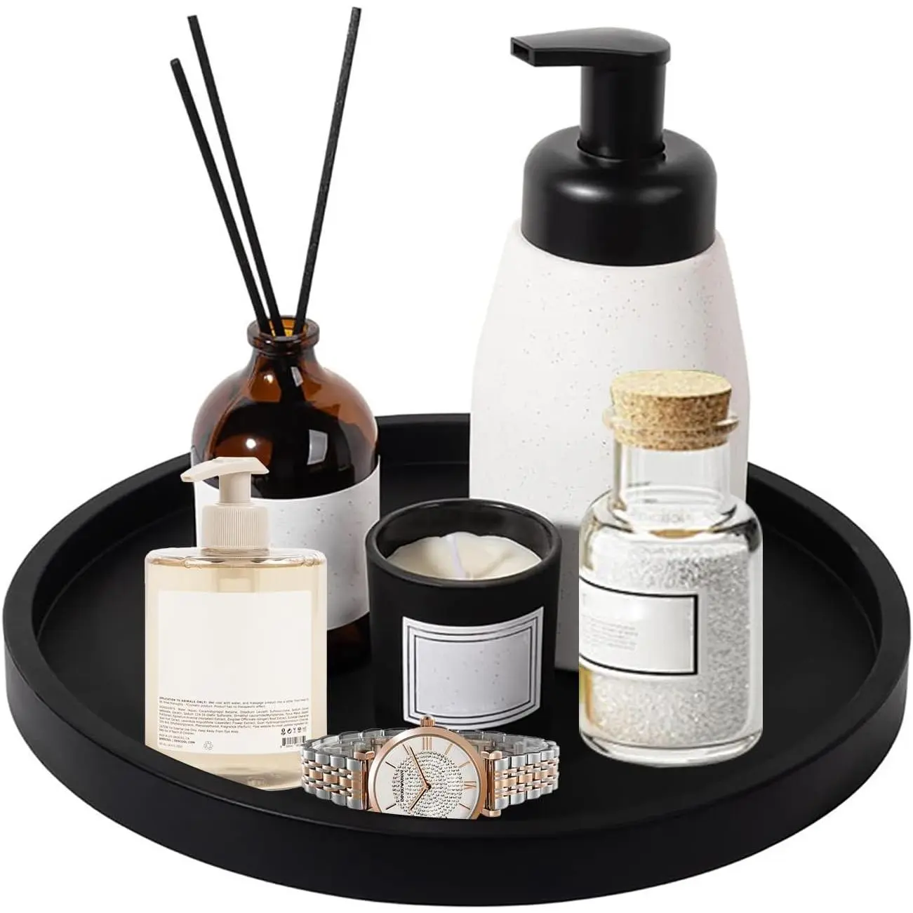 9-Inch Black Modern Shatterproof Synthetic Bathroom Round Tray - Resistance Cleaning Organizer for Candle, Perfume, Trinkets, Hand Soap, Lotion Bottles, Brush