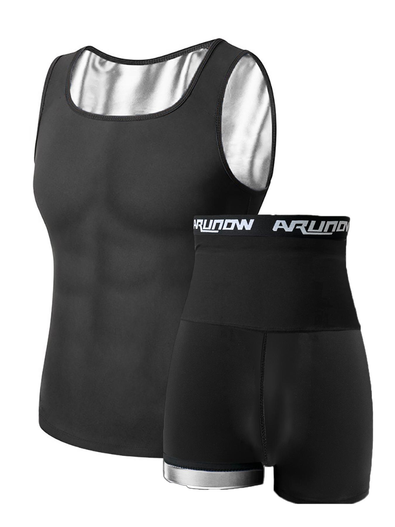 Men's Plain Scoop Neck Tank Top & Letter Tape High Waist Shorts Sweat Sauna Suit Set, Sleeveless Sports Top & Skinny Shorts, Workout Gym Yoga Exercise Clothing Set for Men