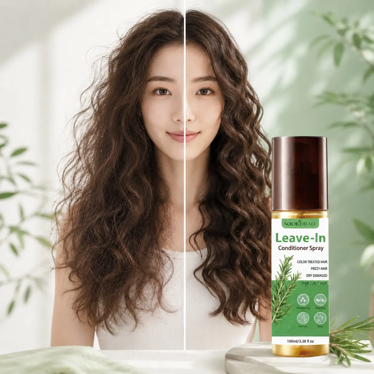 Leave-In Conditioner Spray, moisturizing, smoothing, anti-frizz, shiny, for color treated hair, frizzy hair, dry damaged hair, curly hair, 100ml/3.38 fl oz