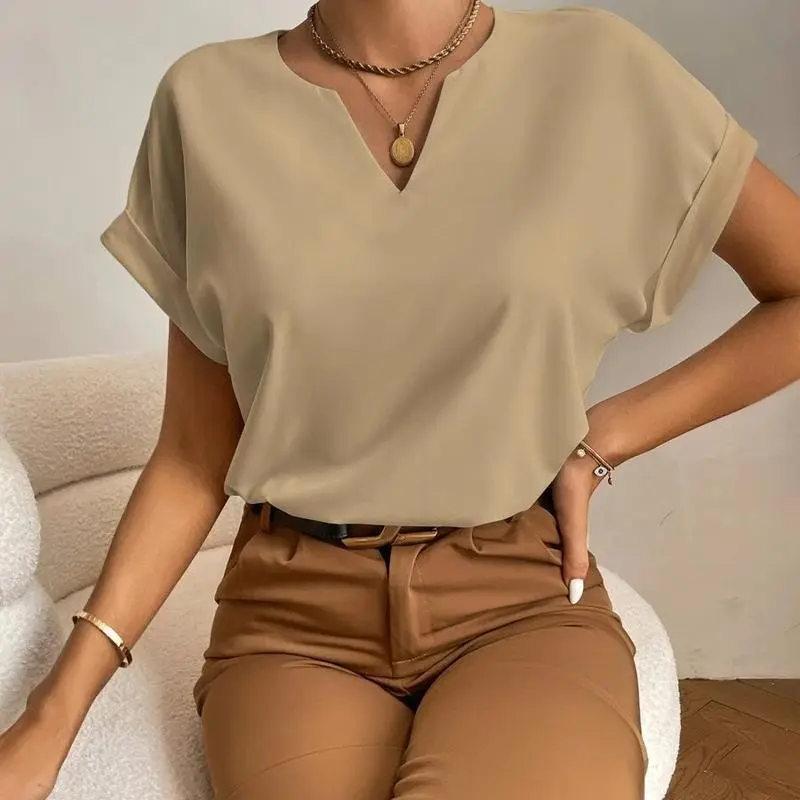 Tall Notched Neck Batwing Sleeve Popover Blouse,Short Sleeve Tops Fabric Fit Shirts Womenswear