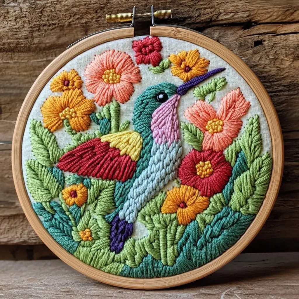 Punch Needle Kit for Beginners & Adults Hummingbird Flying in Flowers 20x20cm Embroidery Set with Hoop Stamped Pattern Needlework for Craft Lovers and Home DecorGift