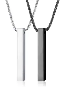 2 Pcs Men's Necklaces Mens Chain Necklace Stainless Steel Silver Black Bar Pendant Necklace for Men Women with Box Chain 55CM Couples Necklace Set Men's Jewellery Gift