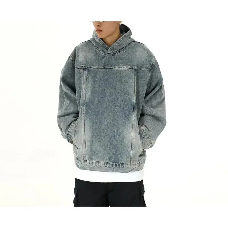 Retro washed hooded denim jacket men's and women's trendy brand niche couple versatile loose casual pullover sweater