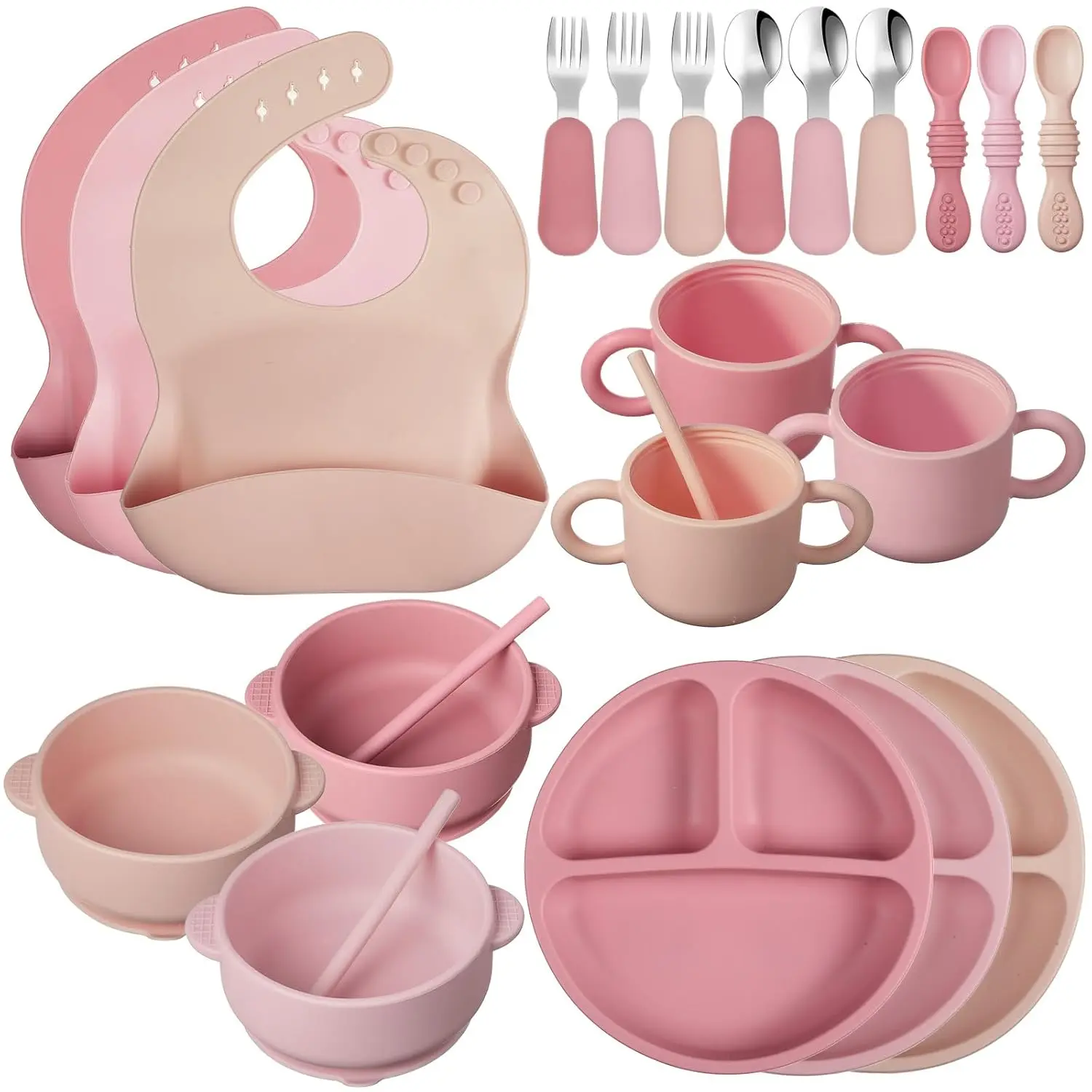 Unisex Baby 24-Pack Silicone Feeding Set, Baby Led Weaning Essentials with Suction Divided Plate, Bowl, Spoon, Fork, Adjustable Bibs, Snack Cup, Straw for 6+ Months (Dark Pink, Dusty Pink, Peach) Dinnerware Utensil Wean Kit, Feeding Pack