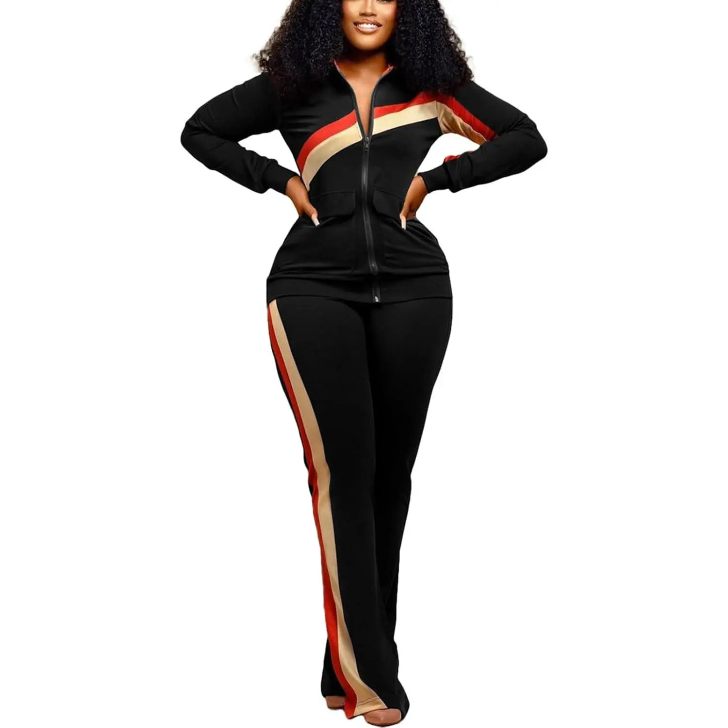 2 Piece Outfits  Women Long Sleeve Striped Zipup Jacket Wide Leg Long Pant Retro Tracksuit Sport Set Wine Red