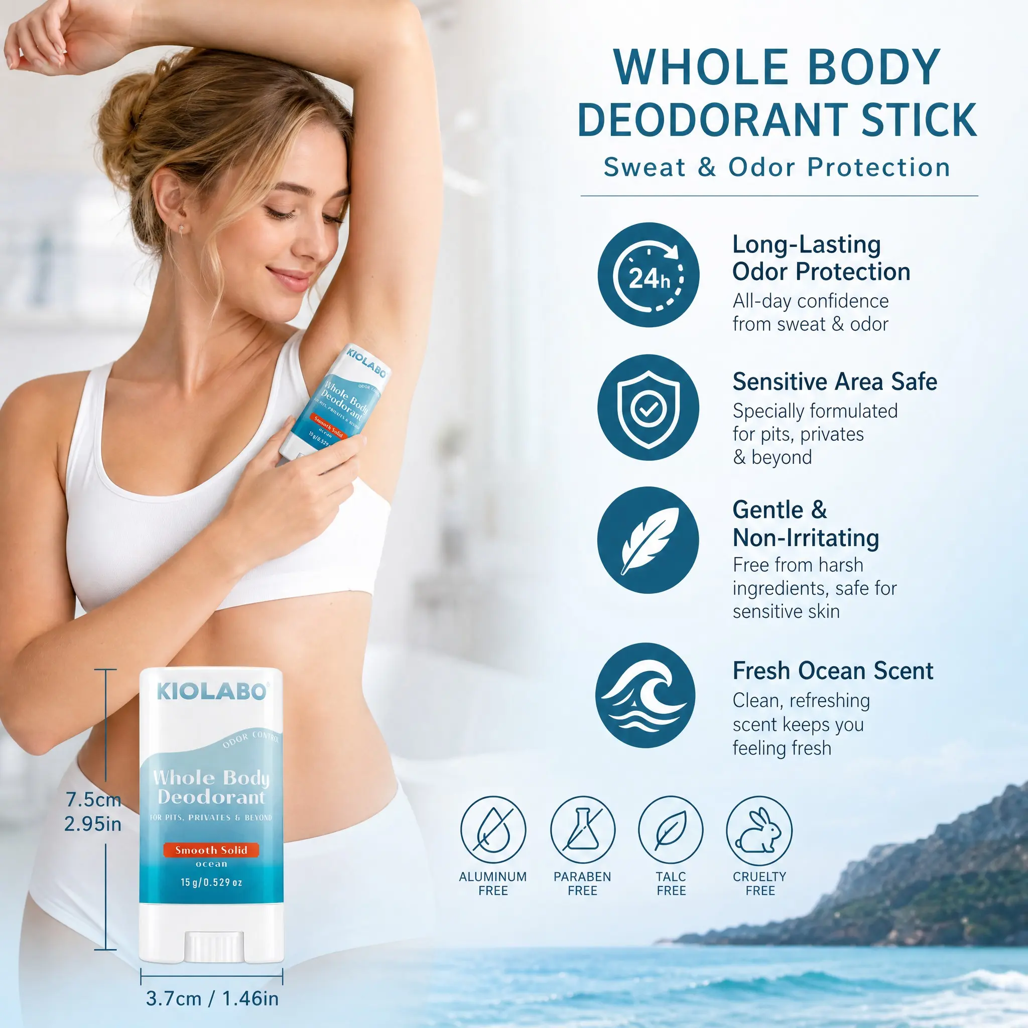 Whole Body Deodorant Stick, 24H Ocean Fresh Odor Control for Pits, Privates & Full Body, Aluminum-Free, Gentle for Sensitive Skin, Portable 15g / 0.529oz