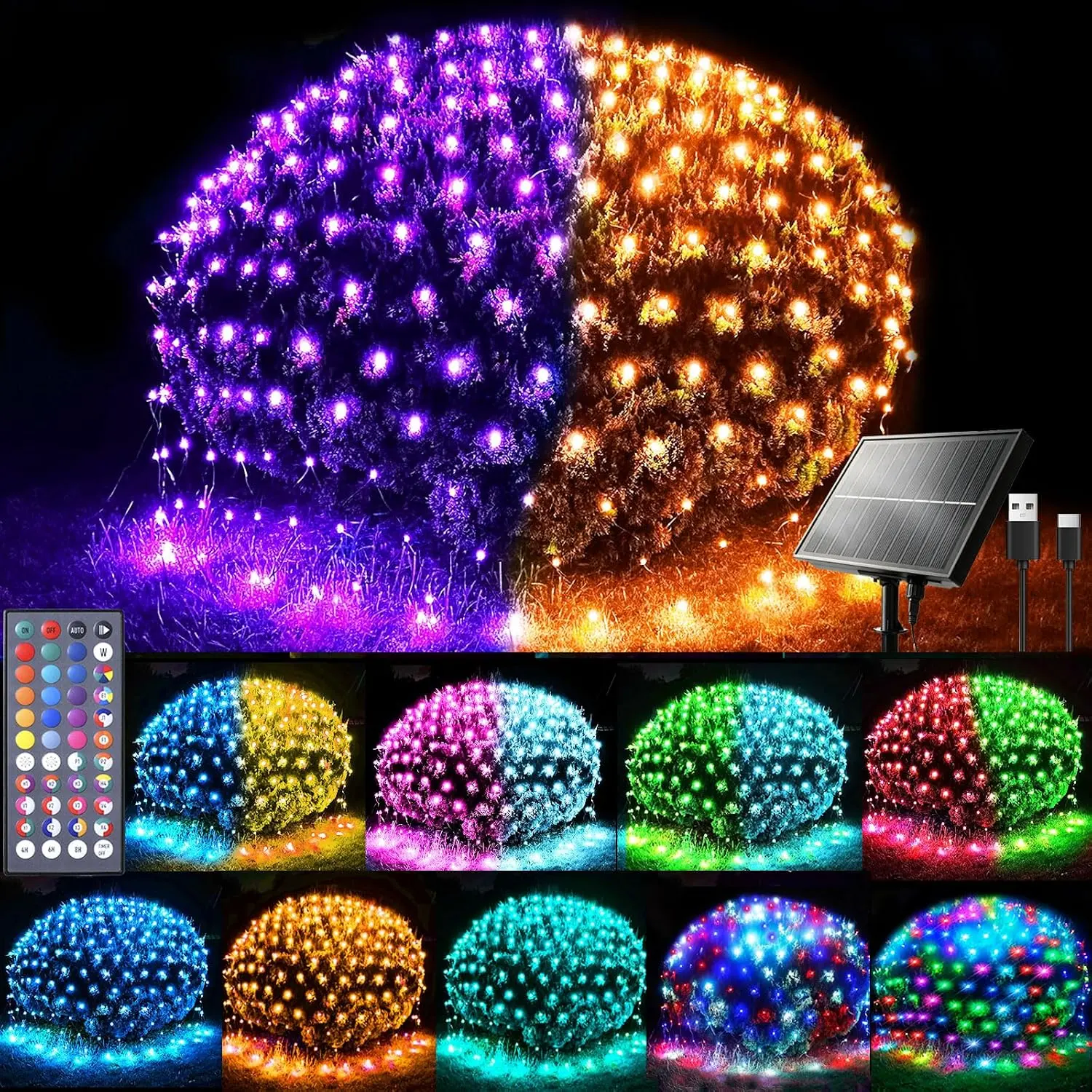 4ft x 8ft Solar Net Lights, 104LED 34 Colors Changing Christmas Net Lights Solar & USB ,  Mesh String Lights Green Wire for Bushes Lawn Garden Xmas Holiday Party Outdoor Decor