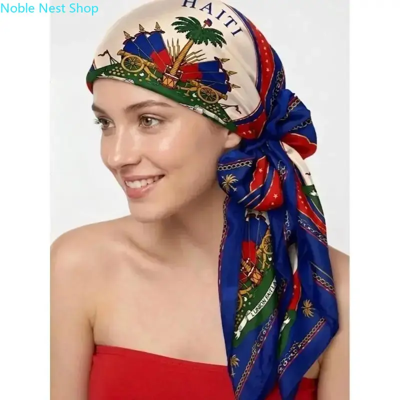Red Blue Palm Tree Caribbean Bandana for Men Women, Soft Lightweight Multi-Functional Head Wrap Scarf, Heritage Aesthetic Shawl for Haitian Independence Day & Outdoor Sports Wear