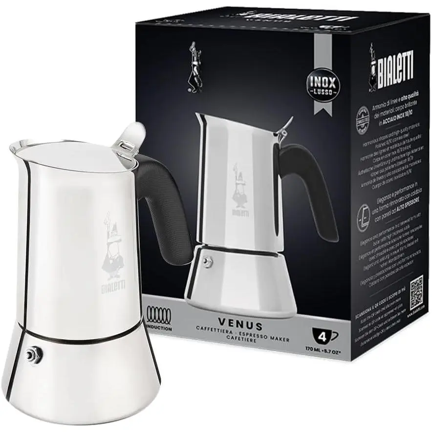 -  Venus Induction, Stovetop Coffee Maker, Suitable for  Types of Hobs, Stainless Steel, 4 Cups (5.7 Oz),