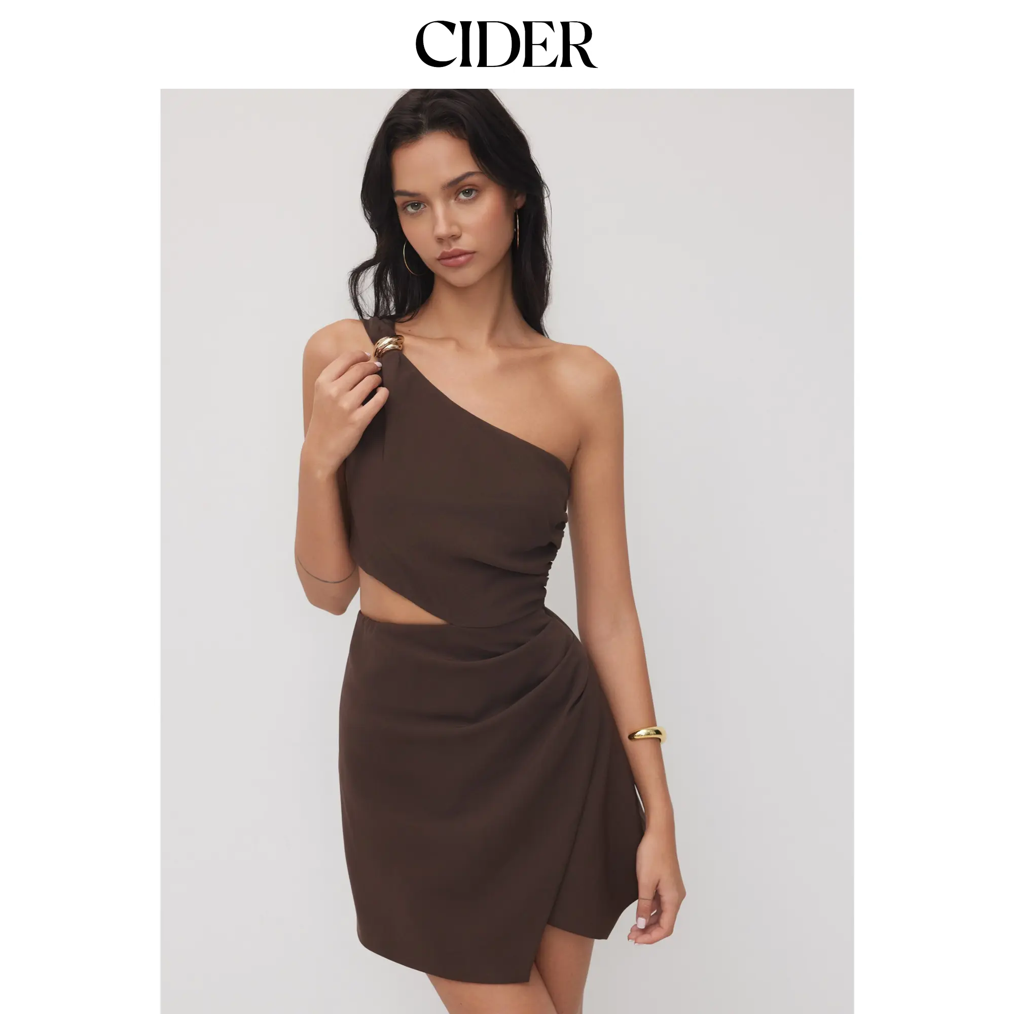 Cider Asymmetrical Neck Metal Detail Cut Out Ruched Mini Dress
