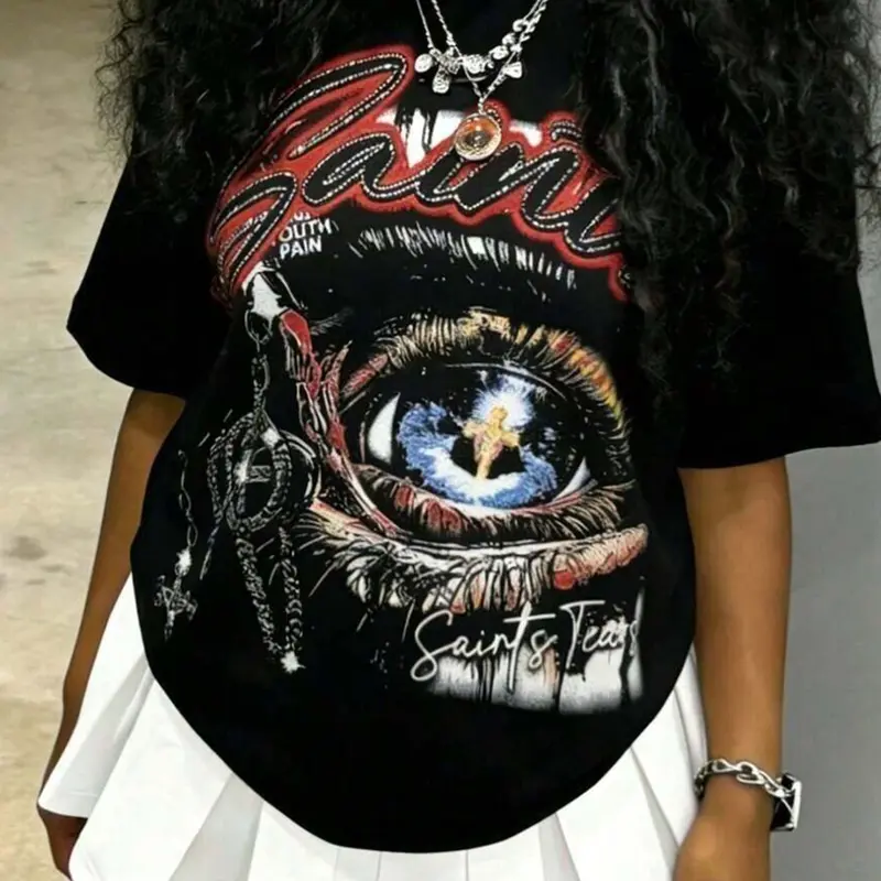 Women's Y2K‑Style Short‑Sleeve T‑Shirt, Eye Graphic Text Print, Casual for Campus Outdoor Daily Wear, Comfortable Top, Graphic Tees Women