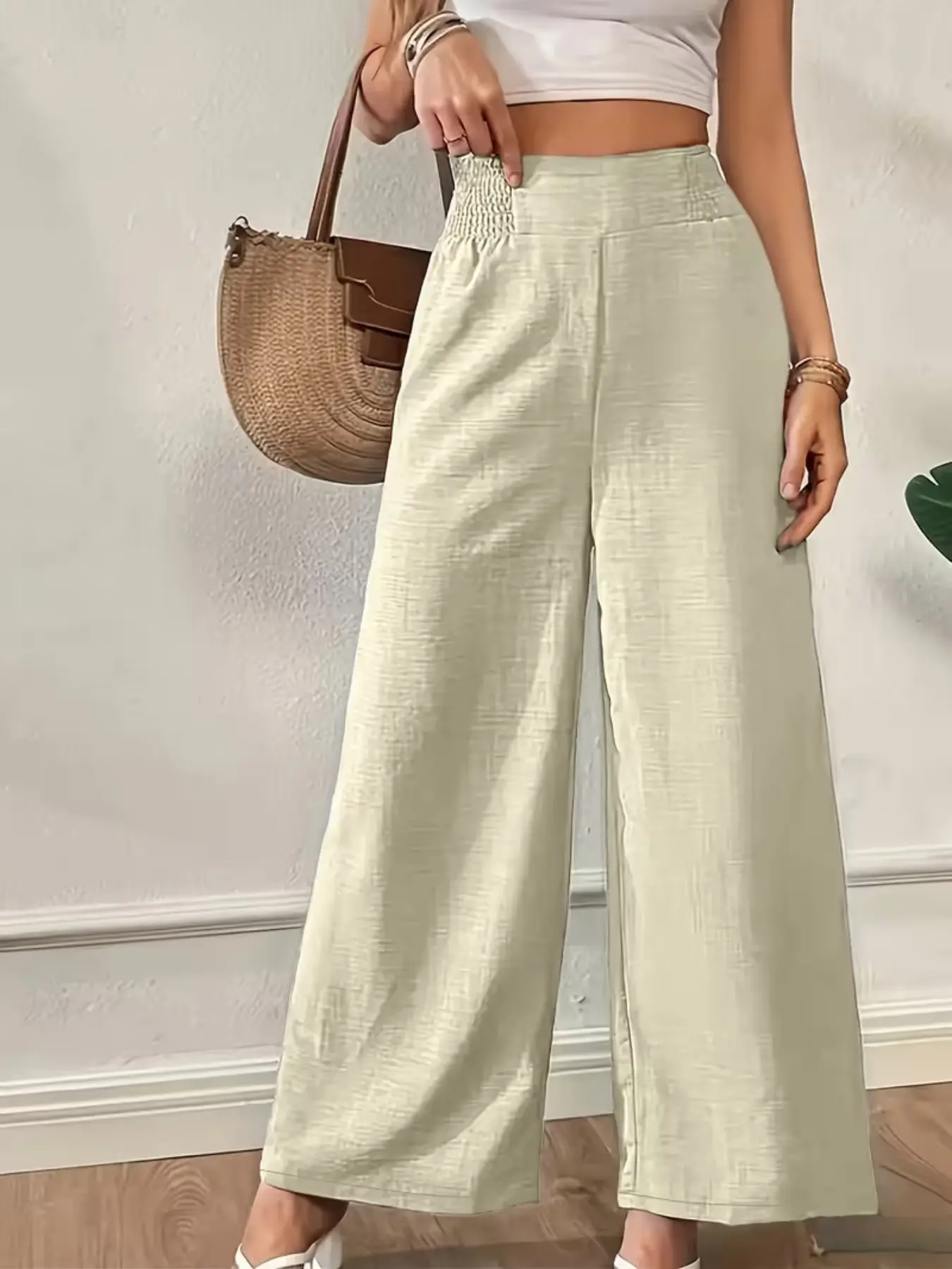 Women's Casual Solid Color Wide Leg Pants, Loose Fit Elastic Waist, Long Trousers for All Seasons, Street Style Fashion, Streetwear