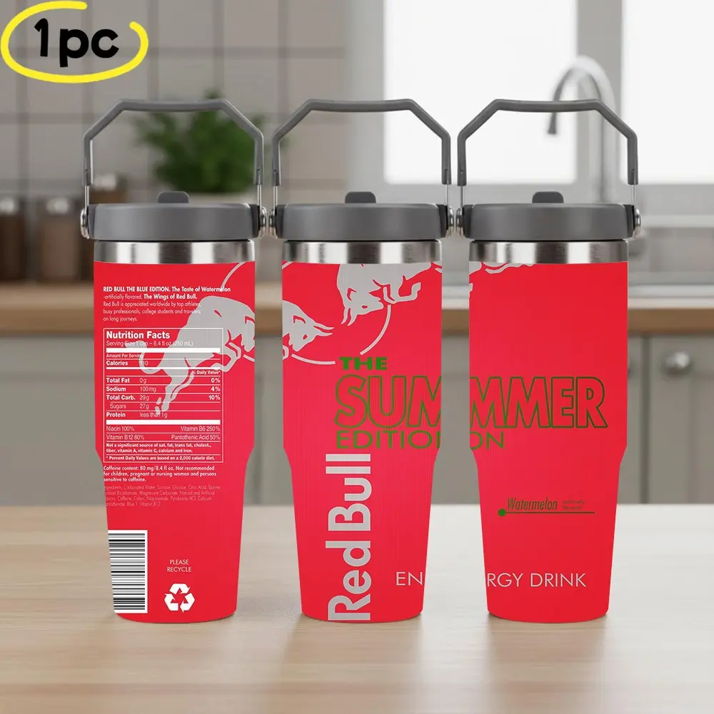 1pc 30oz Bull Limited Edition Summer Stainless Steel Insulated Cup, Energy Drink Theme Print, Outdoor Sports Car Office Use, Handle Included