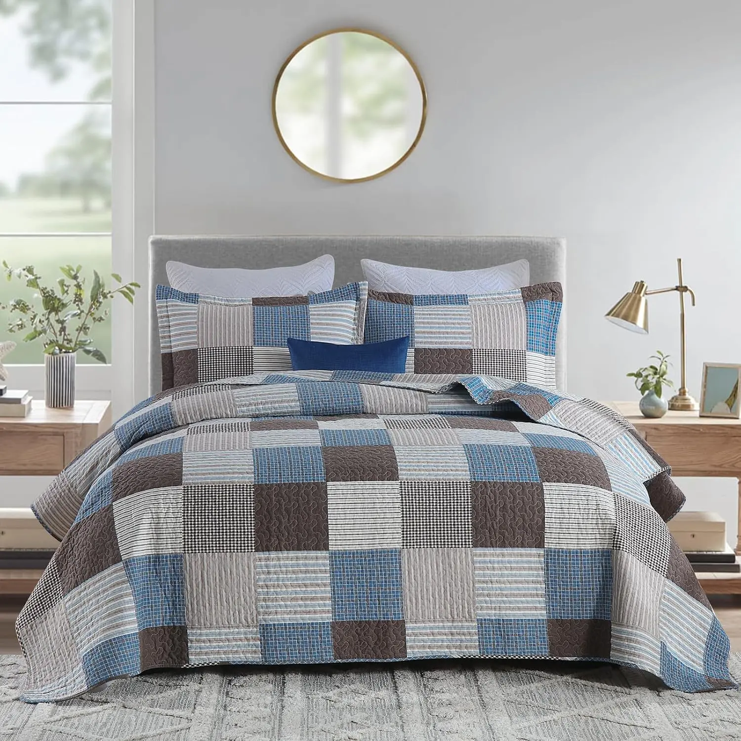 Quilt  Size -     Size Comforter Set  Modern Quilt Bedding Set, Reversible Lightweight Soft Bedspread, Blue Brown Quilted Coverlet -, 3-