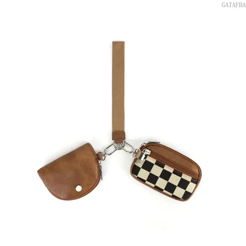 Women's Checkerboard PU Leather Short Wallet - Compact 2-In-1 Zippered Pouch with Detachable Wrist Strap, Card Organizer for Keys, Everyday Use (Sports & Outdoor Accessory), Detachable Strap