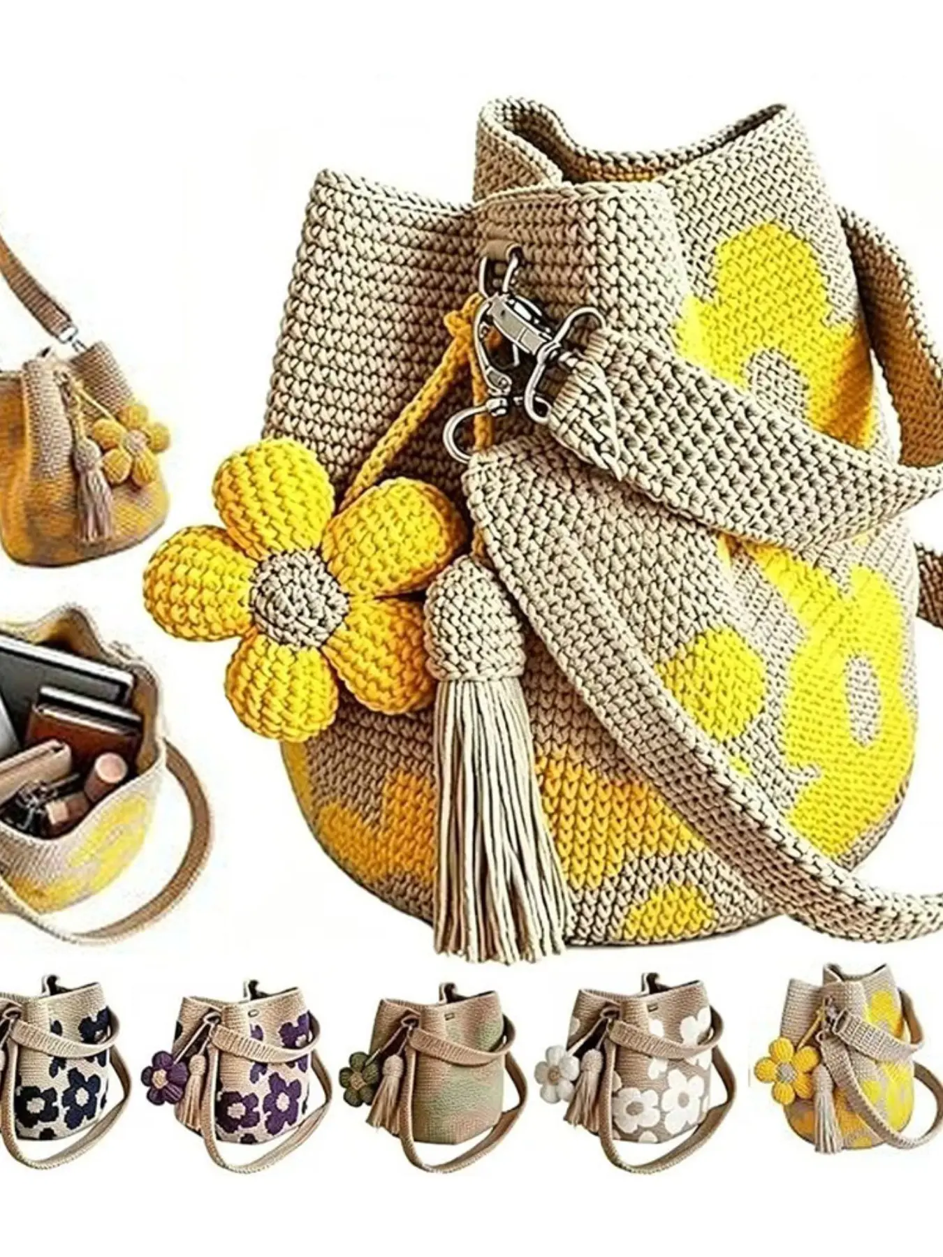 Women's Handmade Crochet Crossbody Bag, Boho Floral Knit Wallet, Vintage Beach Shoulder Bag, All Seasons Contemporary Style, Crossbody Shoulder Bags