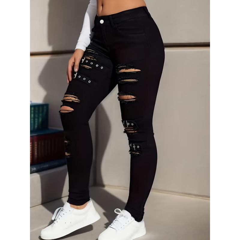 Women's High-Waist Black Skinny Jeans with Unique Buckle Detail - Stretch Denim, Distressed Look, Machine Washable - Perfect for Spring & Autumn Fashion, Plus Size Jeans