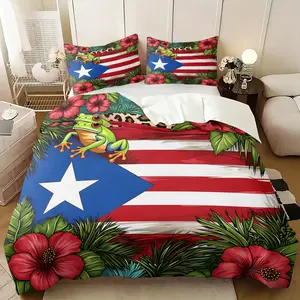 2/3Pcs Puerto Rico Flag Coqui Frog Duvet Cover Set, Boricua Island Style Bedding Set with Pillowcases, No Filler, Perfect for Adults, Teens & Kids Bedroom Decor, Perfect Gift for Puerto Rican Culture Lovers