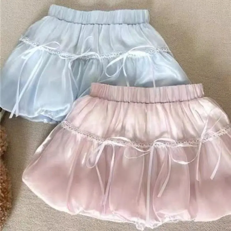 Women's Sweet Ballet Style Bow Mini Skirt Summer Kawaii Harajuku High Waist A Line Cute Preppy Style Fashion Bubble Skirt New
