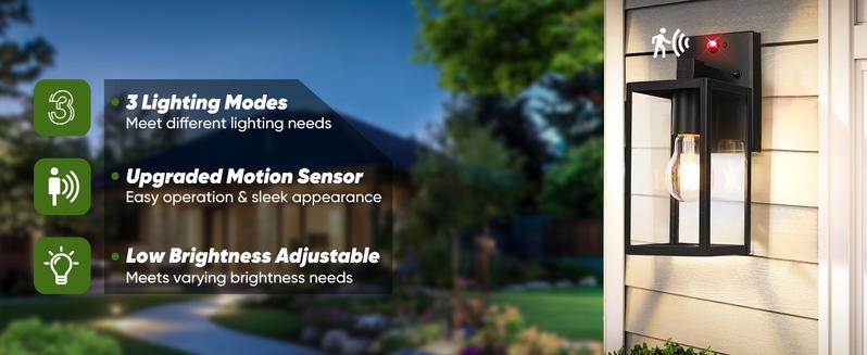 2-Pack Upgraded Motion Sensor Outdoor Wall Lights, Dusk to Dawn Porch Lights Outdoor Wall Sconce Lanterns, 3 Lighting Modes Exterior Lighting Fixtures, Black Outside Lights for House Front Door Garage(Bulbs Are Not Included))