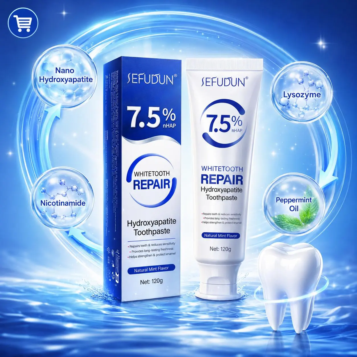 7.5% nHAP Hydroxyapatite Toothpaste, Enamel Repair & Sensitivity Care, Fluoride-Free Mint Toothpaste, 120g