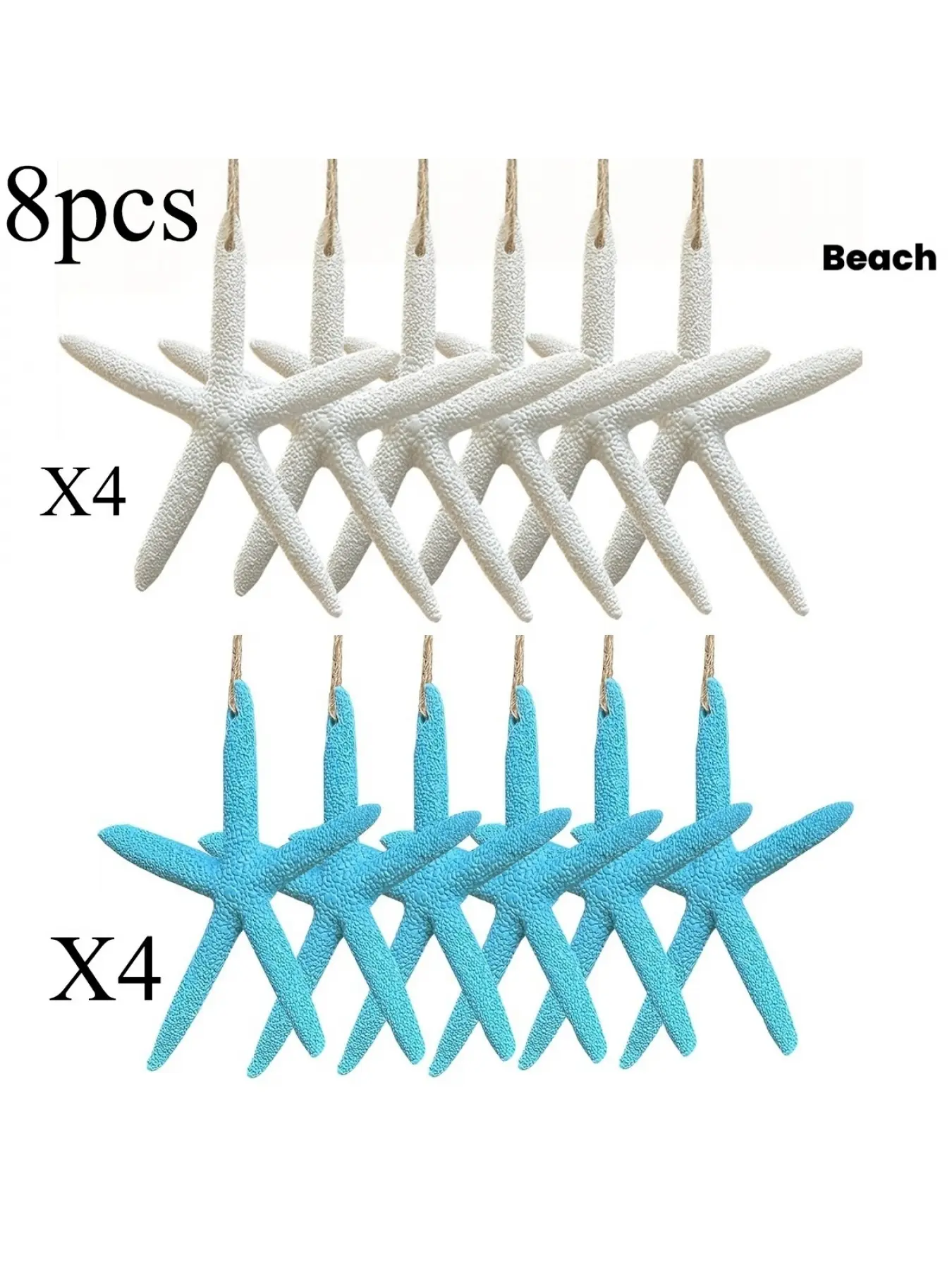 8 white and blue resin starfish decorations, perfect for Mediterranean style pendants, curtains, and top decorations. Suitable for aquarium decoration, equipped with hanging ropes, it is an ideal choice for summer beach wedding parties and beach themed de