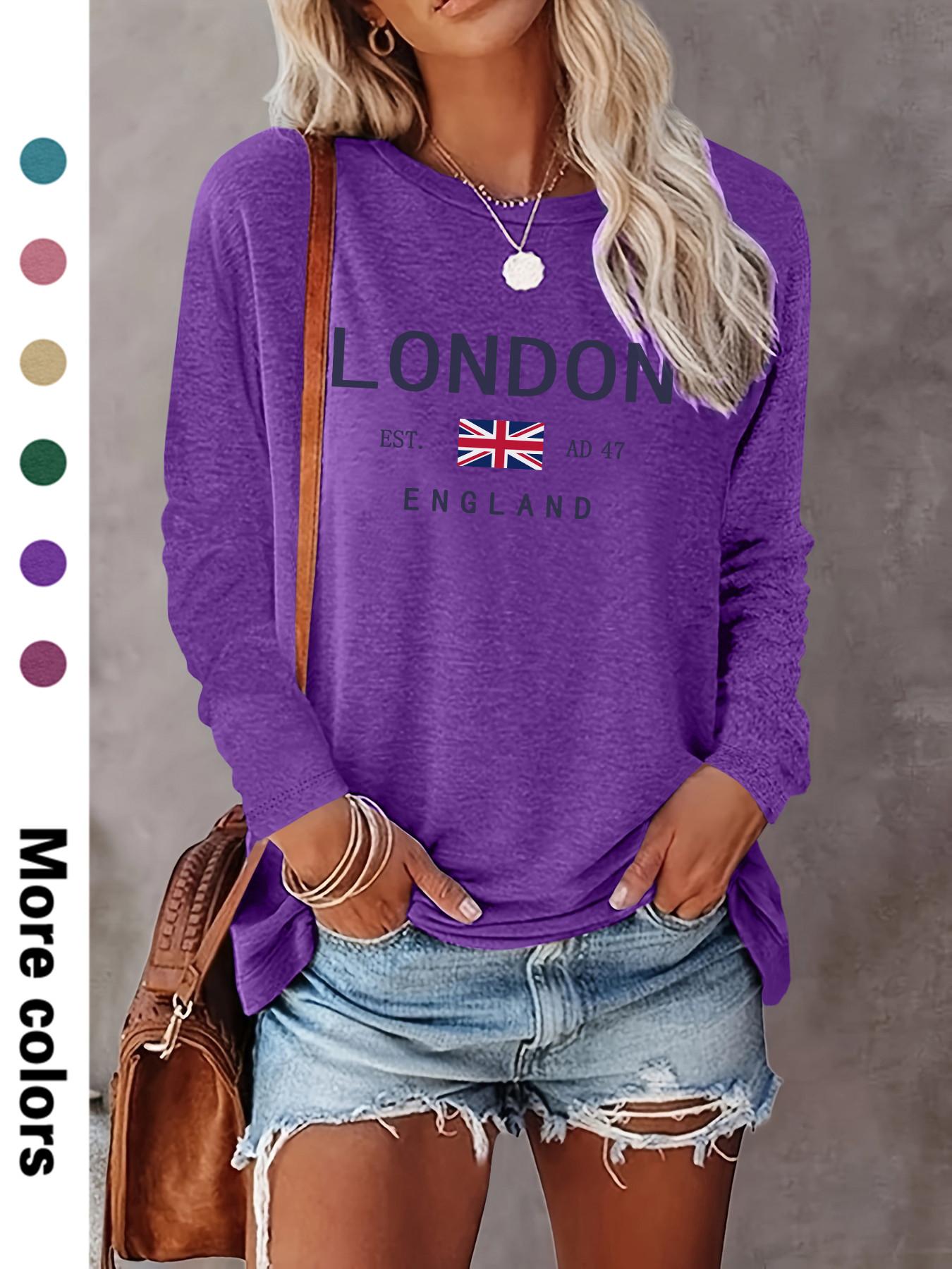 Women's Casual Letter Print Long Sleeve Round Neck Basic Fitted Thin Top, Available in 10 Colors, Perfect for Fall & Winter Fashion