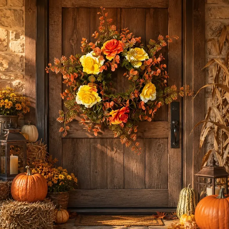 Yellow Rose Fall Wreath, Artificial Floral Door Hanging Decor for Indoor Outdoor Use
